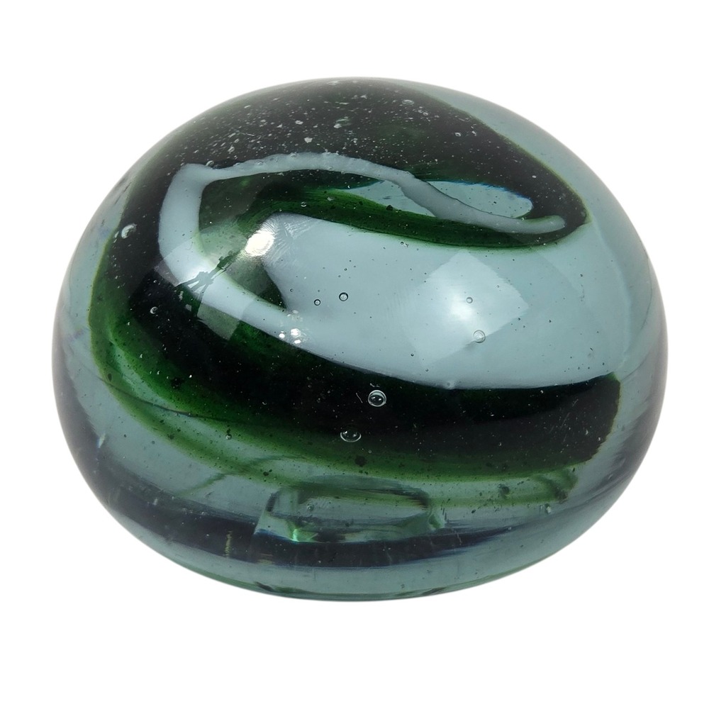 Stunning Vtg Green White Swirl Art Glass Paperweight with Pontil‎ 3.5x2.5" READ